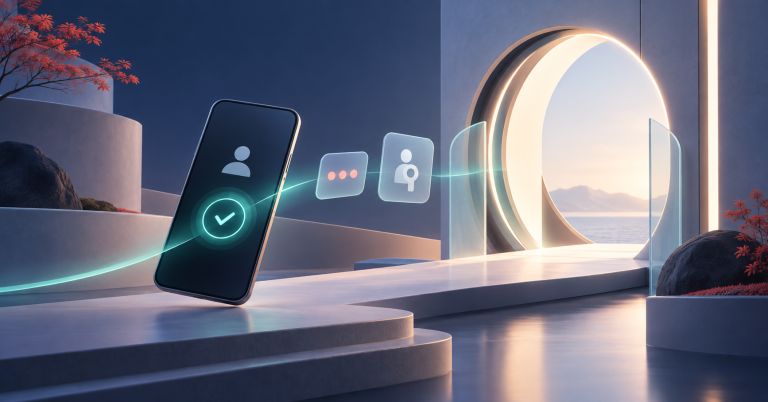 Accesso passwordless rappresentato da un dispositivo che attraversa un varco digitale sicuro